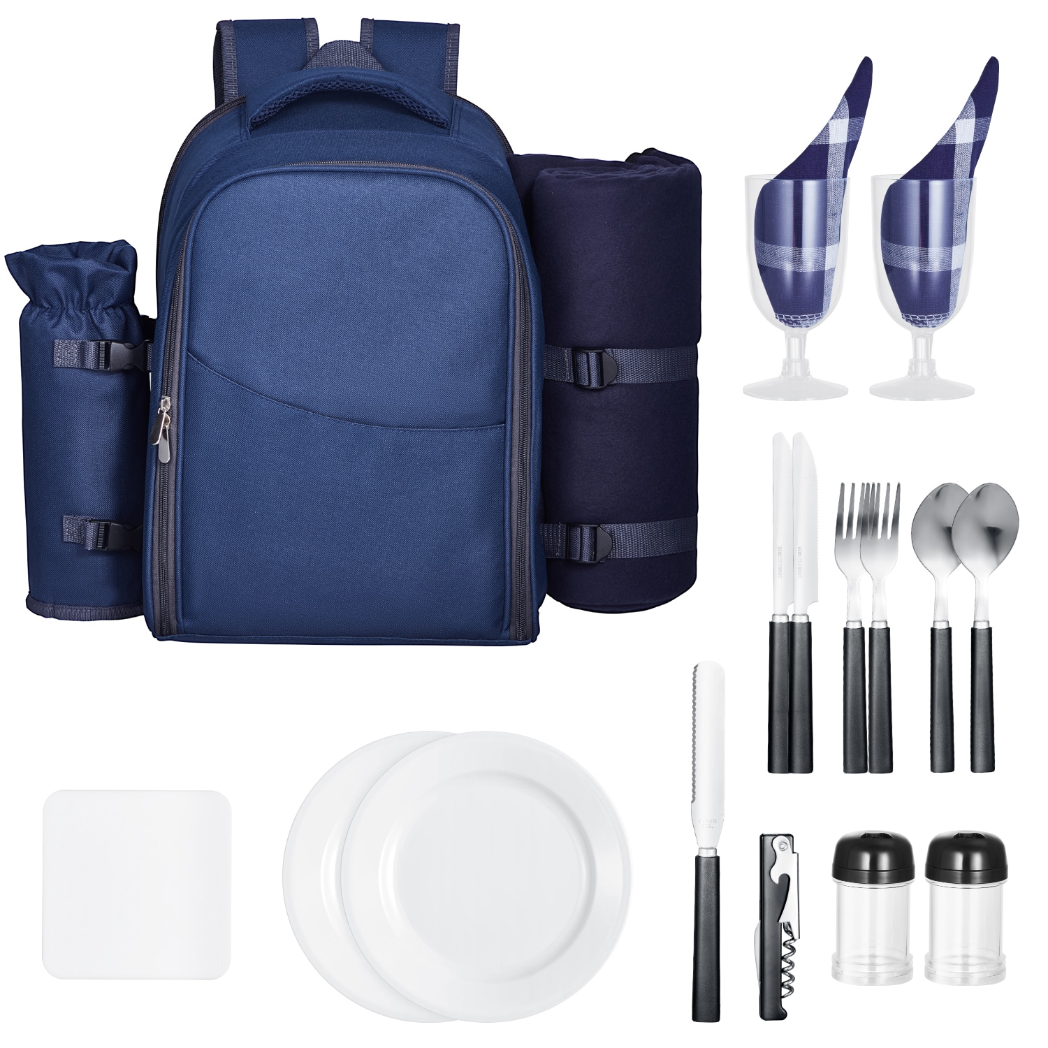 Beach Picnic Backpack Bag For 2 Person With Cooler Compartment Navy Blue_voghion.com